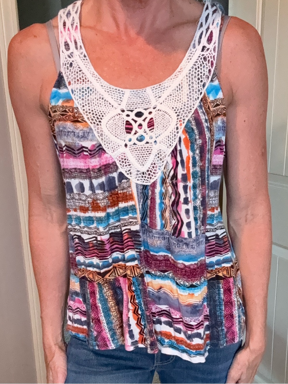 Charlotte Russe Multicolor Striped Tank with White Crochet Yoke